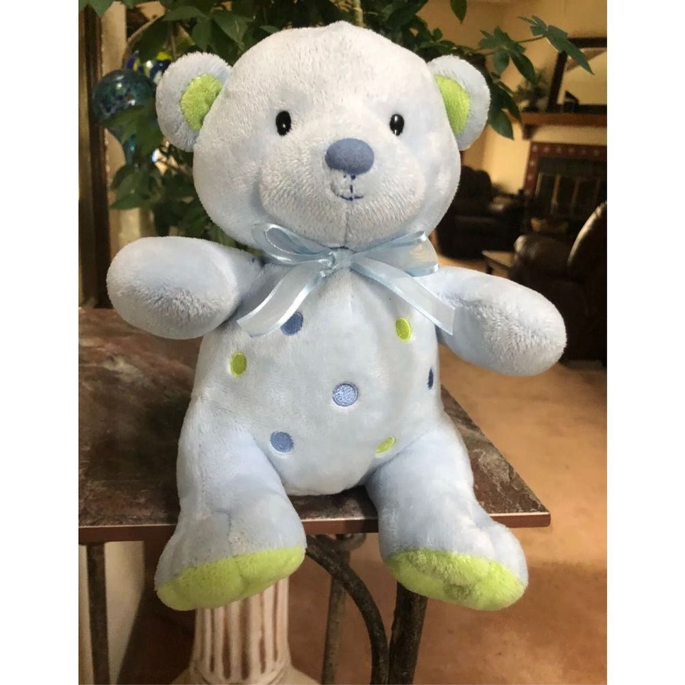 Carters Just One Year Blue w dots Teddy Bear Musical Pull Crib Toy Plush 11" NWO